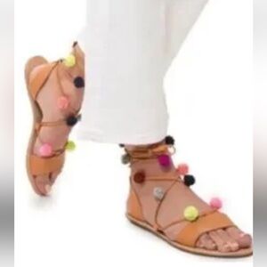 Loeffler Randall Saskia Multicolor Pom Pom Embellished Ankle Wrap Sandals